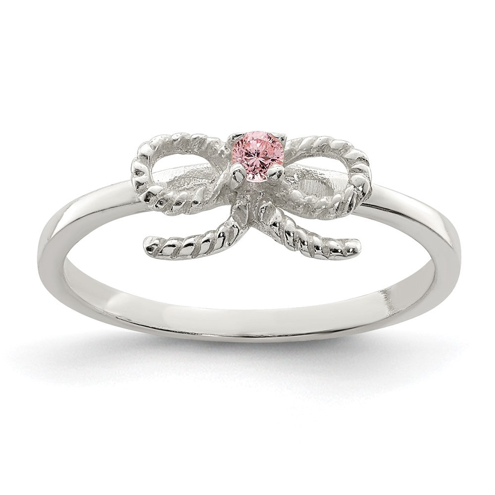 Sterling Silver Polished & Twisted Pink CZ Bow Children's Ring (1.17 grams)
