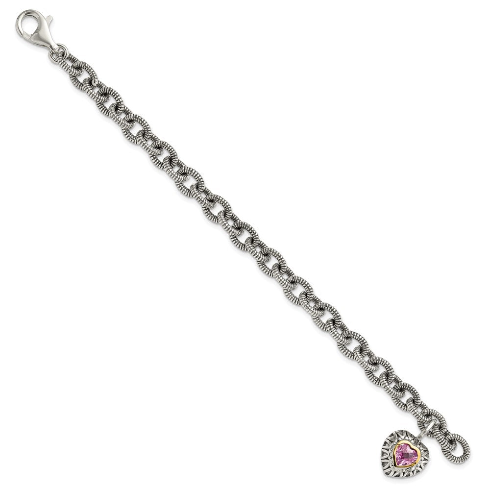 Shey Couture Sterling Silver with 14K Accent 7.5 Inch Antiqued Heart Bezel Created Pink Sapphire Heart Charm Bracelet (20.37 grams)