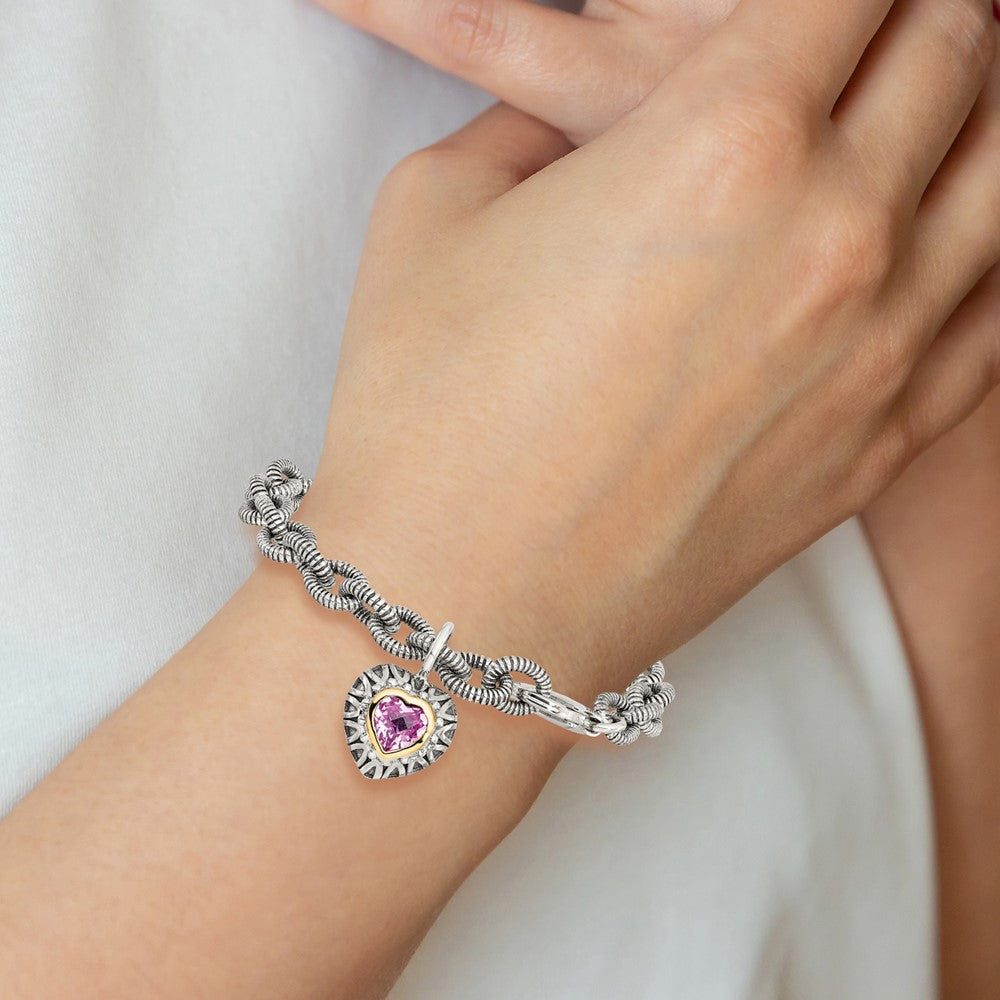 Shey Couture Sterling Silver with 14K Accent 7.5 Inch Antiqued Heart Bezel Created Pink Sapphire Heart Charm Bracelet (20.37 grams)