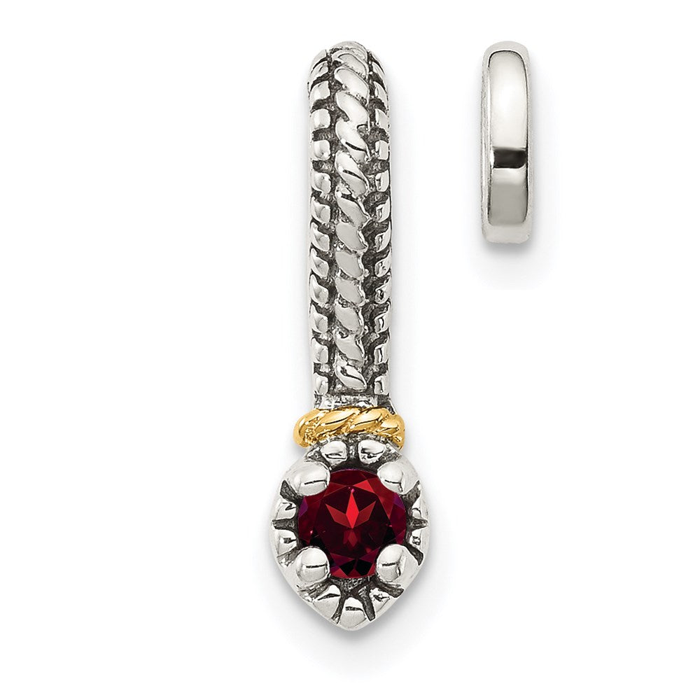 Sterling Silver Antiqued w/ 14k Polished Garnet Chain Slide Pendant (0.79 grams)