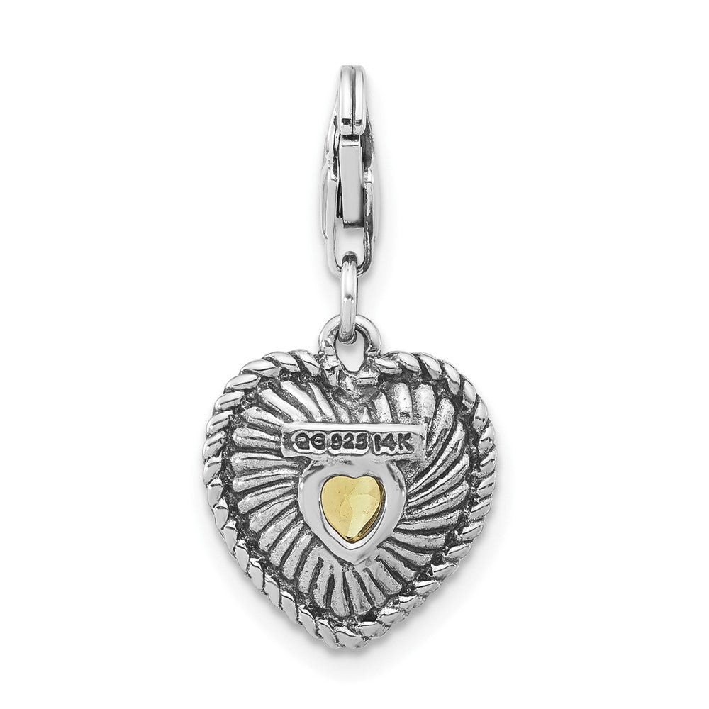 Sterling Silver w/14k Accent Antiqued Lemon Quartz Heart Charm (2.25 grams)