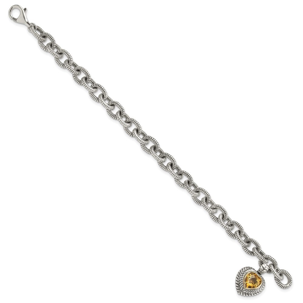 Shey Couture Sterling Silver with 14K Accent 7.5 Inch Antiqued Citrine Heart Bracelet (8.23 grams)
