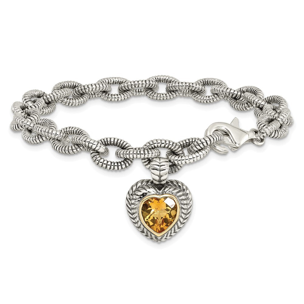 Shey Couture Sterling Silver with 14K Accent 7.5 Inch Antiqued Citrine Heart Bracelet (8.23 grams)