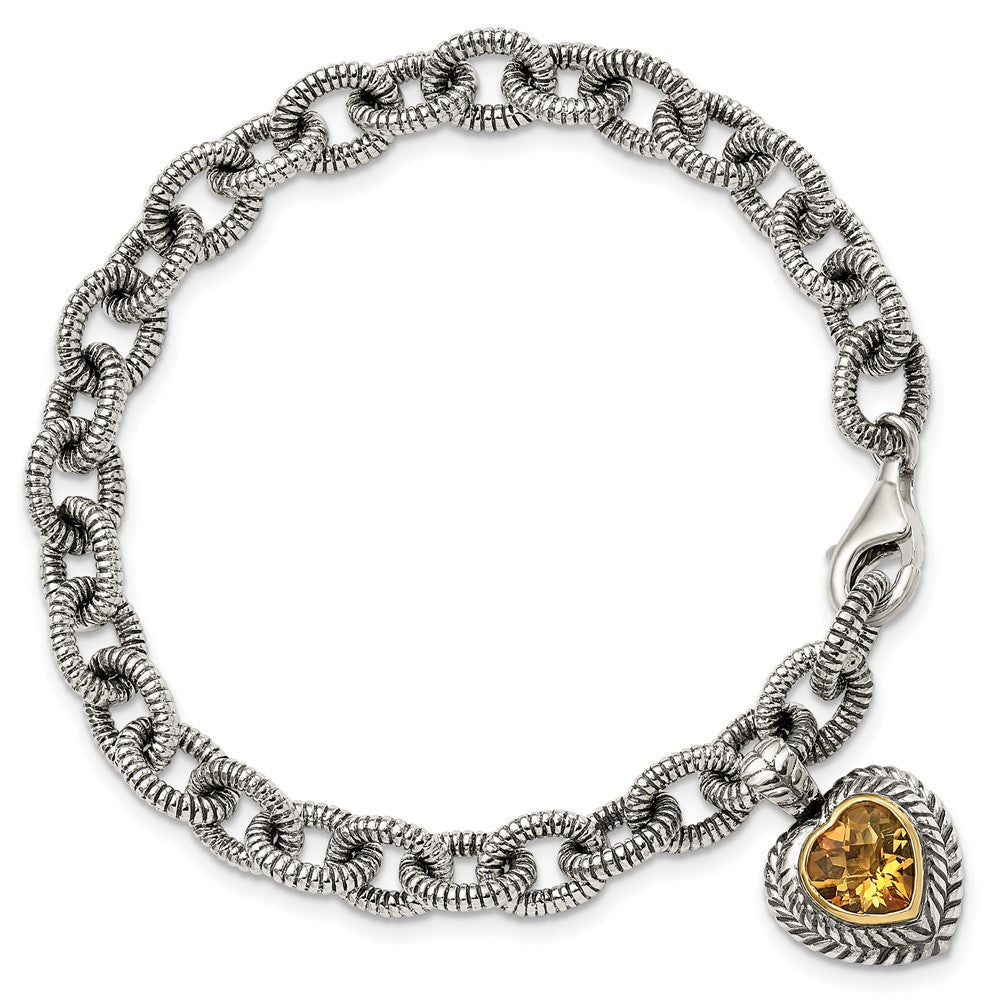 Shey Couture Sterling Silver with 14K Accent 7.5 Inch Antiqued Citrine Heart Bracelet (8.23 grams)