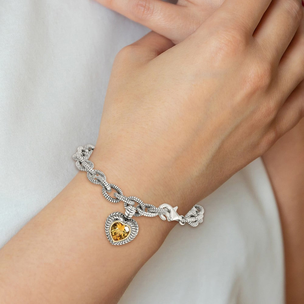 Shey Couture Sterling Silver with 14K Accent 7.5 Inch Antiqued Citrine Heart Bracelet (8.23 grams)