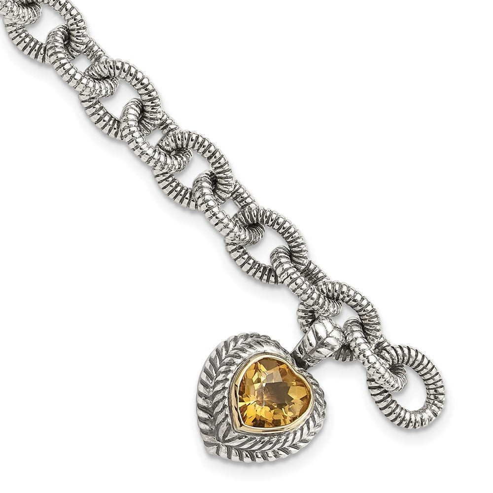 Shey Couture Sterling Silver with 14K Accent 7.5 Inch Antiqued Citrine Heart Bracelet (8.23 grams)