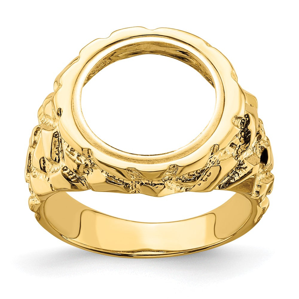 Wideband Distinguished Coin Jewelry 14k Men's Polished and Nugget Textured 13.0mm Coin Bezel Ring (9.33 grams)