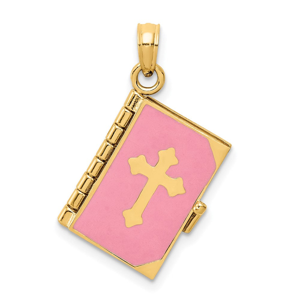 14k Yellow Gold 12 mm 3D Pink Enameled Lord's Prayer Bible Pendant (4.18 grams)