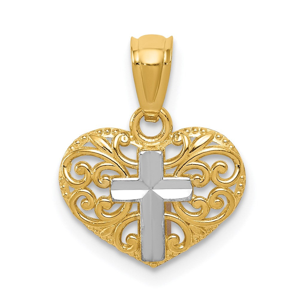 14k Yellow & Rhodium 12 mm Cross in Heart Pendant (0.52 grams)