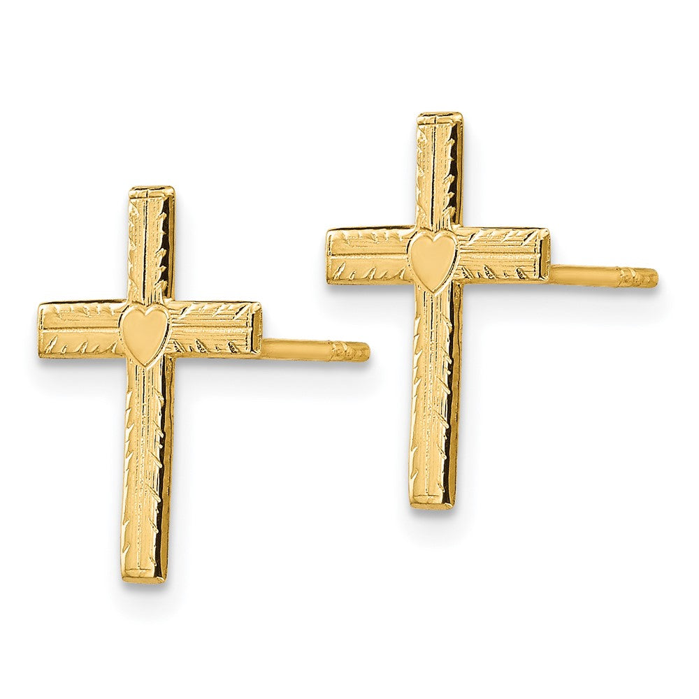 14k Yellow Gold 10 mm Polished & Satin Heart Cross Earrings (0.57 grams)
