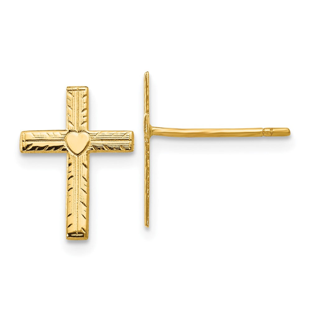 14k Yellow Gold 10 mm Polished & Satin Heart Cross Earrings (0.57 grams)