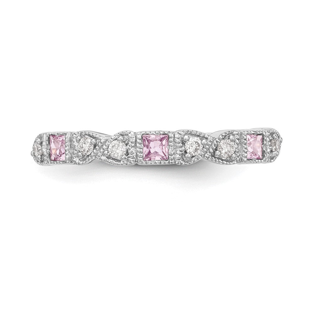 14k White Gold Heart Design 1/10 carat Diamond and Pink Sapphire Complete Band (2.58 grams)