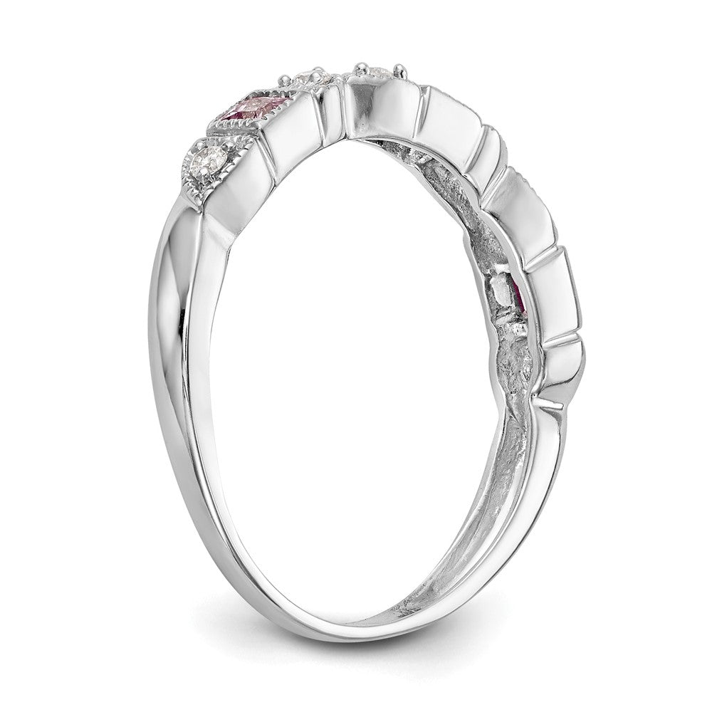 14k White Gold Heart Design 1/10 carat Diamond and Pink Sapphire Complete Band (2.58 grams)