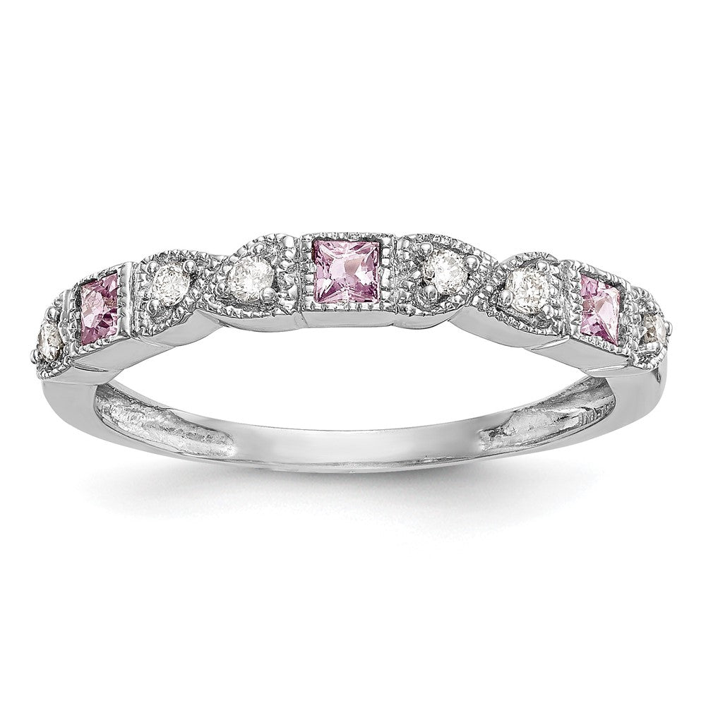 14k White Gold Heart Design 1/10 carat Diamond and Pink Sapphire Complete Band (2.58 grams)