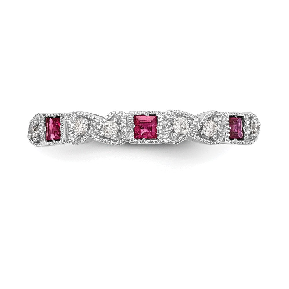 14k White Gold Heart Design 1/10 carat Diamond and Ruby Complete Band (2.51 grams)