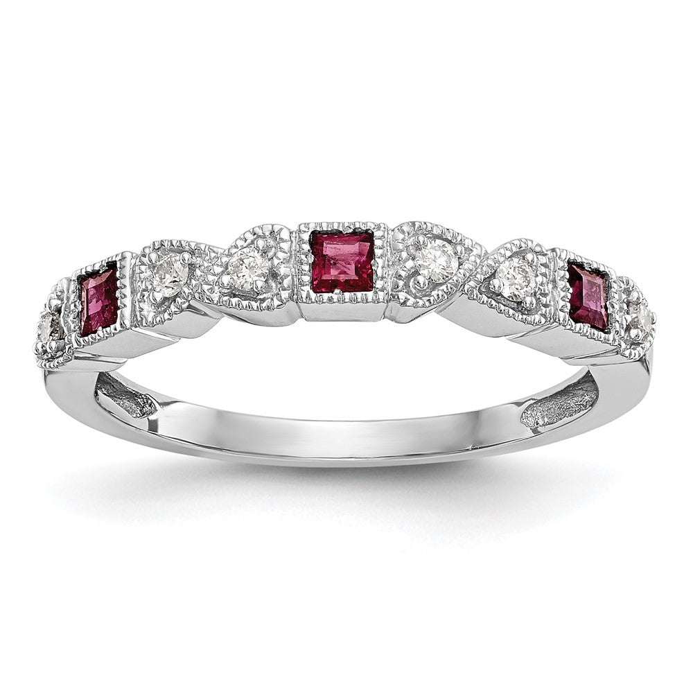 14k White Gold Heart Design 1/10 carat Diamond and Ruby Complete Band (2.51 grams)