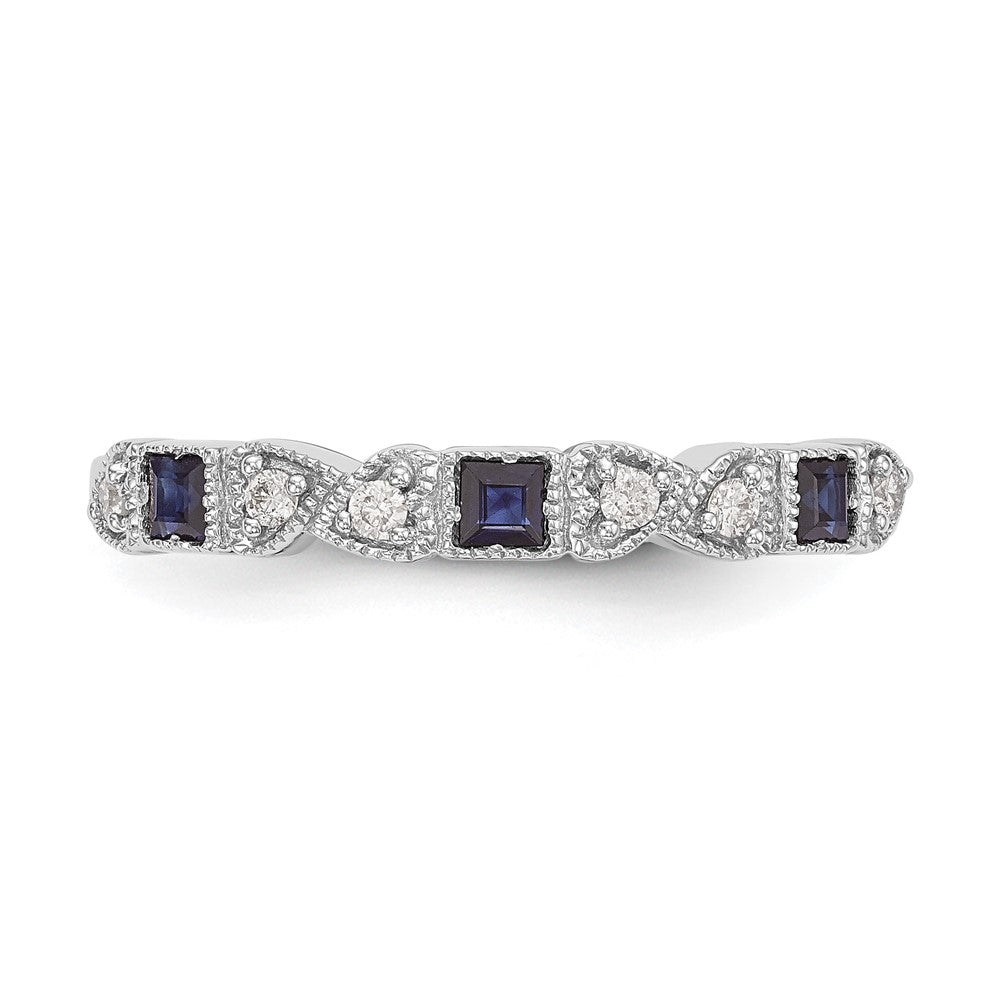 14k White Gold Heart Design 1/10 carat Diamond and Blue Sapphire Complete Band (2.52 grams)