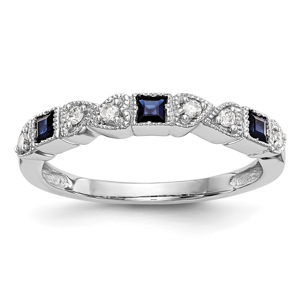 14k White Gold Heart Design 1/10 carat Diamond and Blue Sapphire Complete Band (2.52 grams)