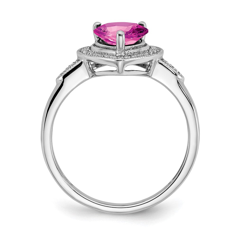 14k White Gold Heart Created Pink Sapphire and Diamond Halo Ring (3.04 grams)