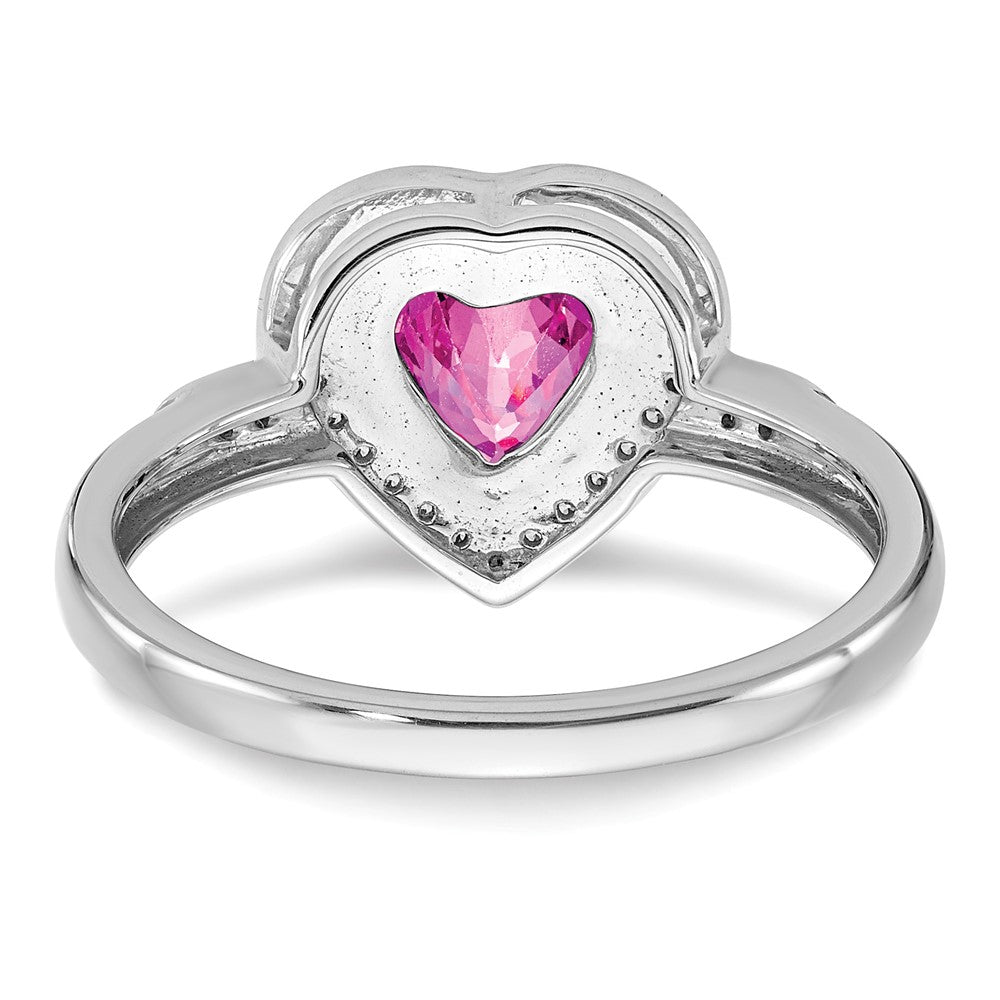 14k White Gold Heart Created Pink Sapphire and Diamond Halo Ring (3.04 grams)