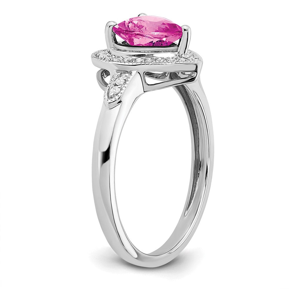 14k White Gold Heart Created Pink Sapphire and Diamond Halo Ring (3.04 grams)