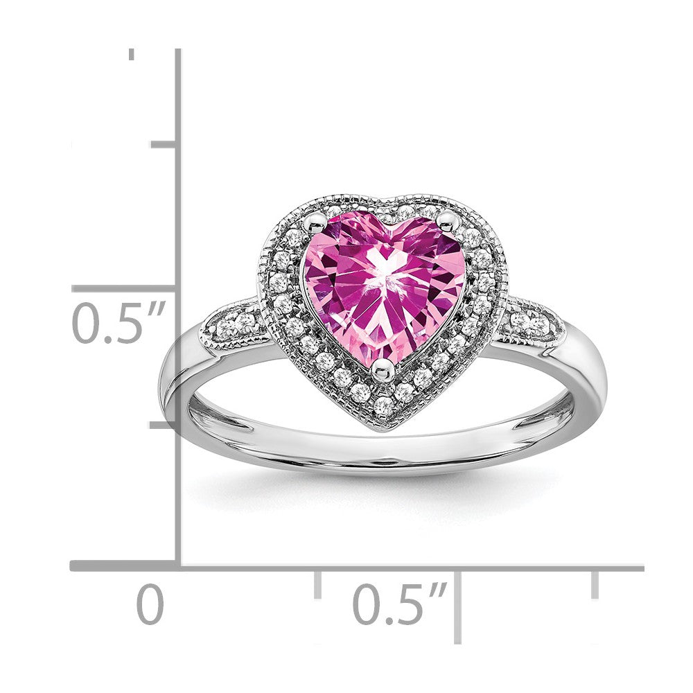 14k White Gold Heart Created Pink Sapphire and Diamond Halo Ring (3.04 grams)