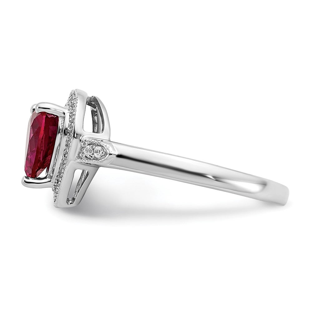 14k White Gold Heart Created Ruby and Diamond Halo Ring (3.04 grams)