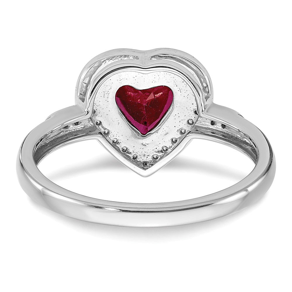 14k White Gold Heart Created Ruby and Diamond Halo Ring (3.04 grams)
