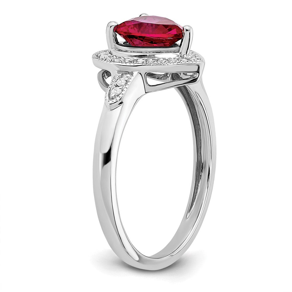 14k White Gold Heart Created Ruby and Diamond Halo Ring (3.04 grams)