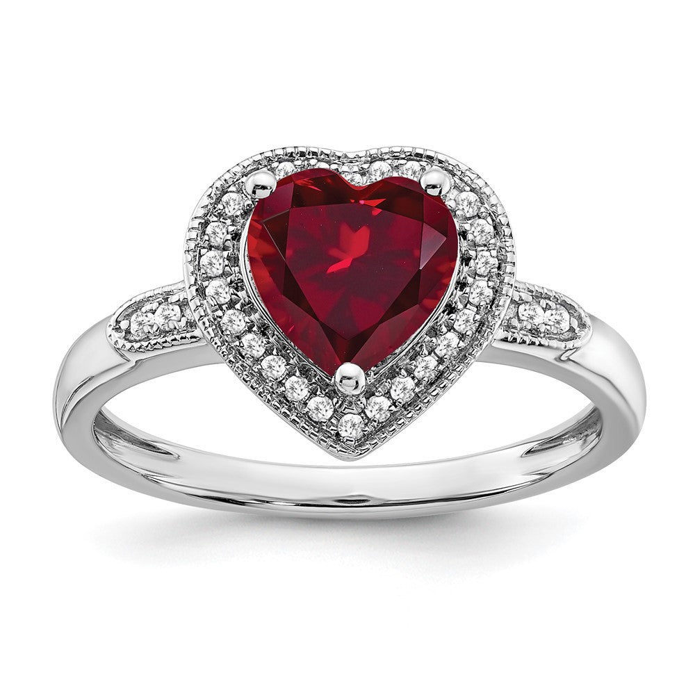 14k White Gold Heart Created Ruby and Diamond Halo Ring (3.04 grams)