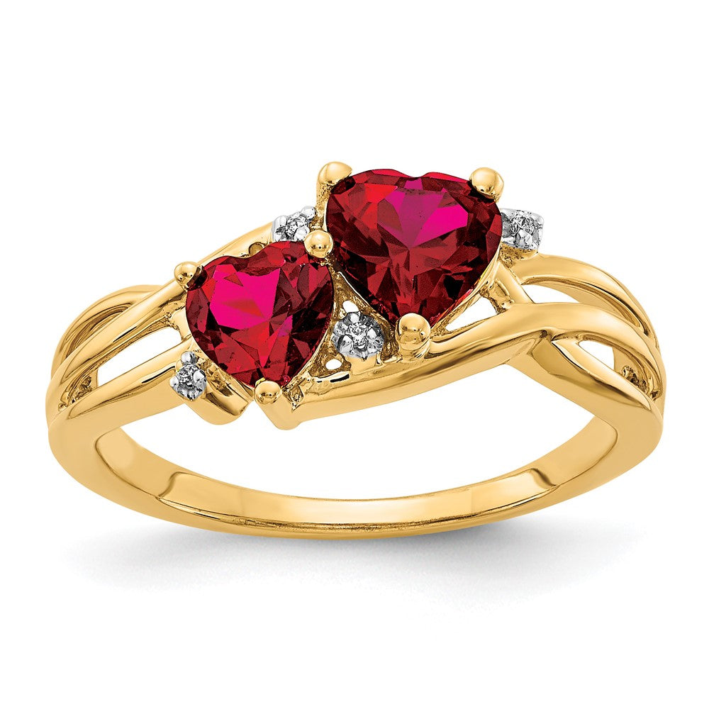 14k Lab Created Ruby and Diamond Double Heart Ring (2.76 grams)