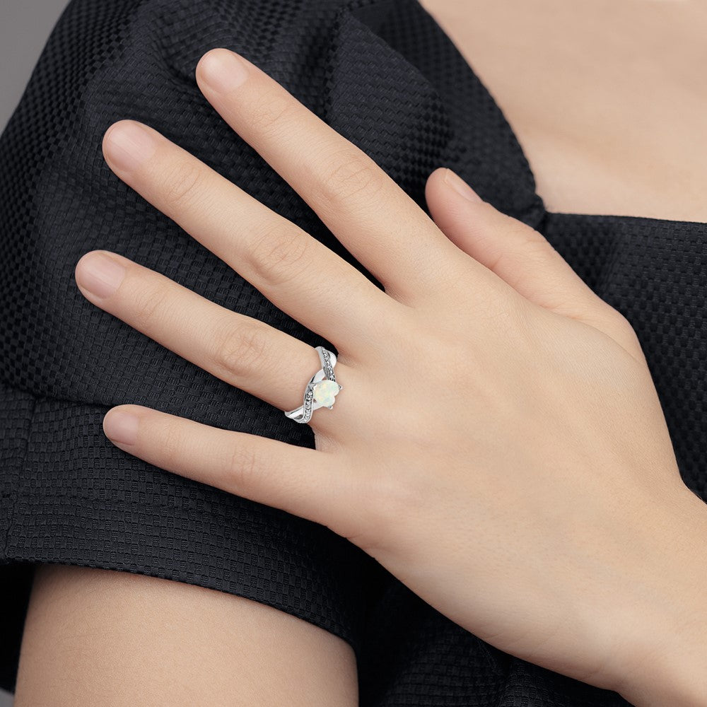 14k White Gold Created Opal and Diamond Heart Ring (2.9 grams)