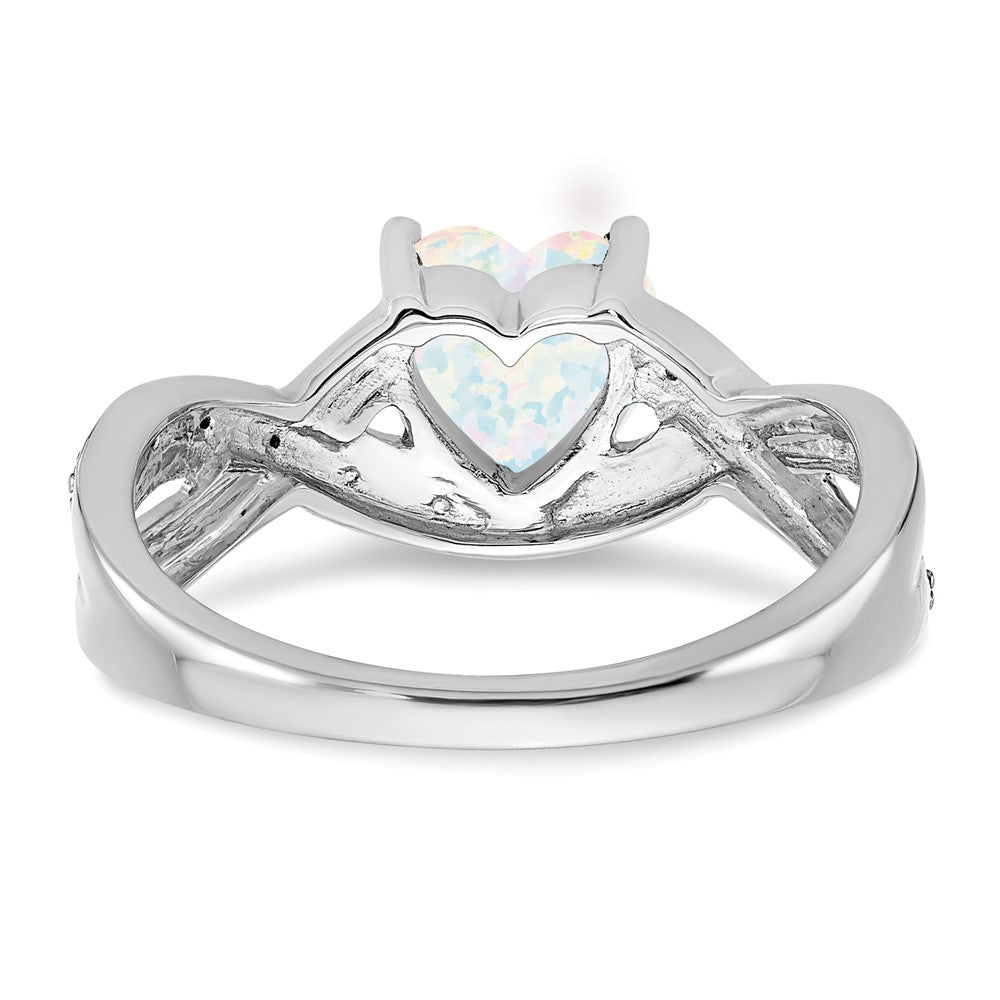 14k White Gold Created Opal and Diamond Heart Ring (2.9 grams)