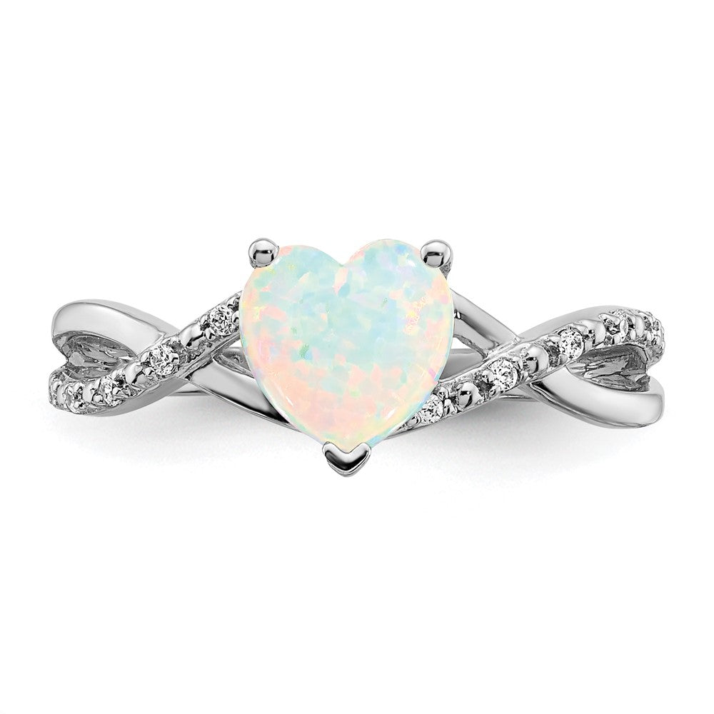 14k White Gold Created Opal and Diamond Heart Ring (2.09 grams)