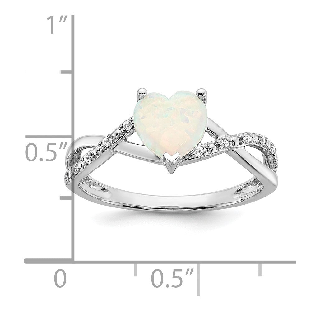 14k White Gold Created Opal and Diamond Heart Ring (2.09 grams)