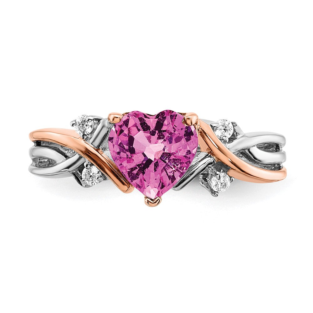 14k Two-tone Heart Created Pink Sapphire and Diamond Ring (3.14 grams)