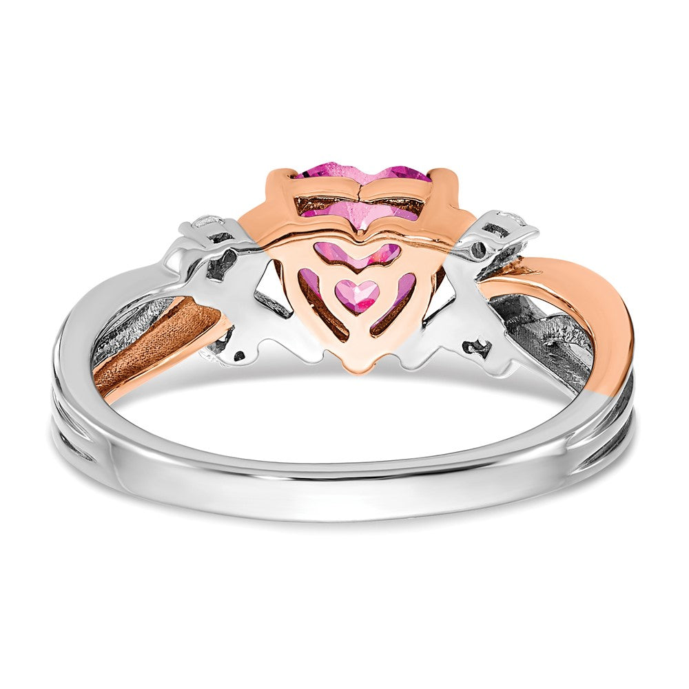14k Two-tone Heart Created Pink Sapphire and Diamond Ring (3.14 grams)