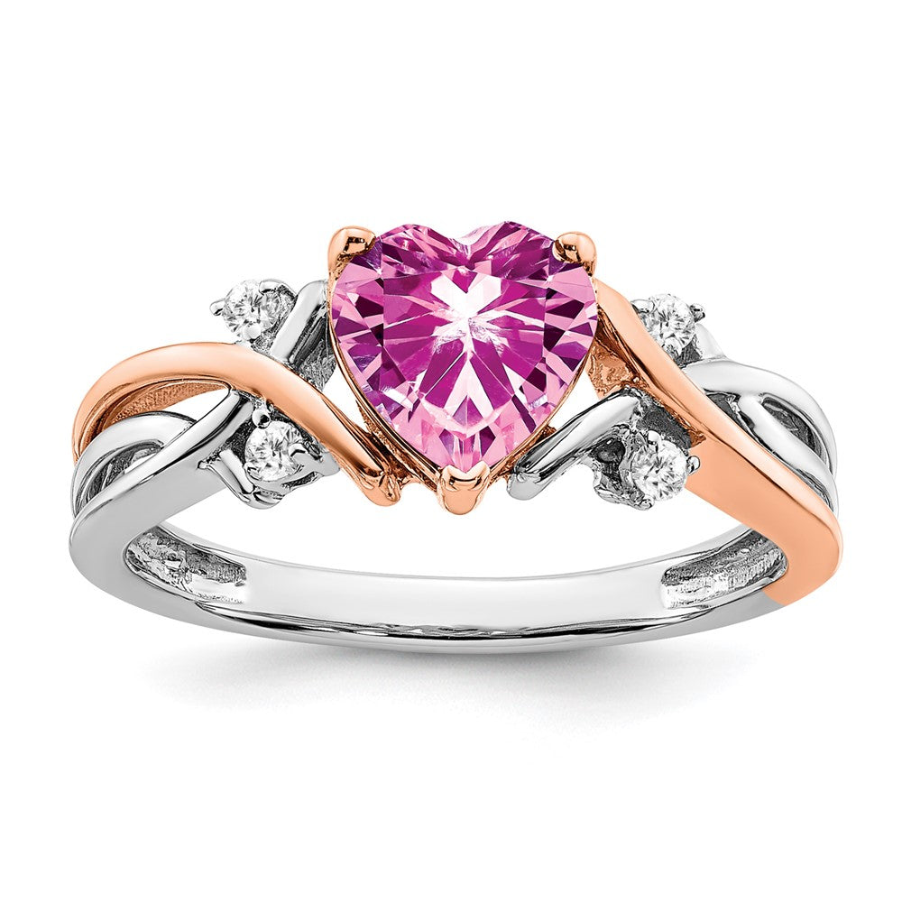 14k Two-tone Heart Created Pink Sapphire and Diamond Ring (3.14 grams)