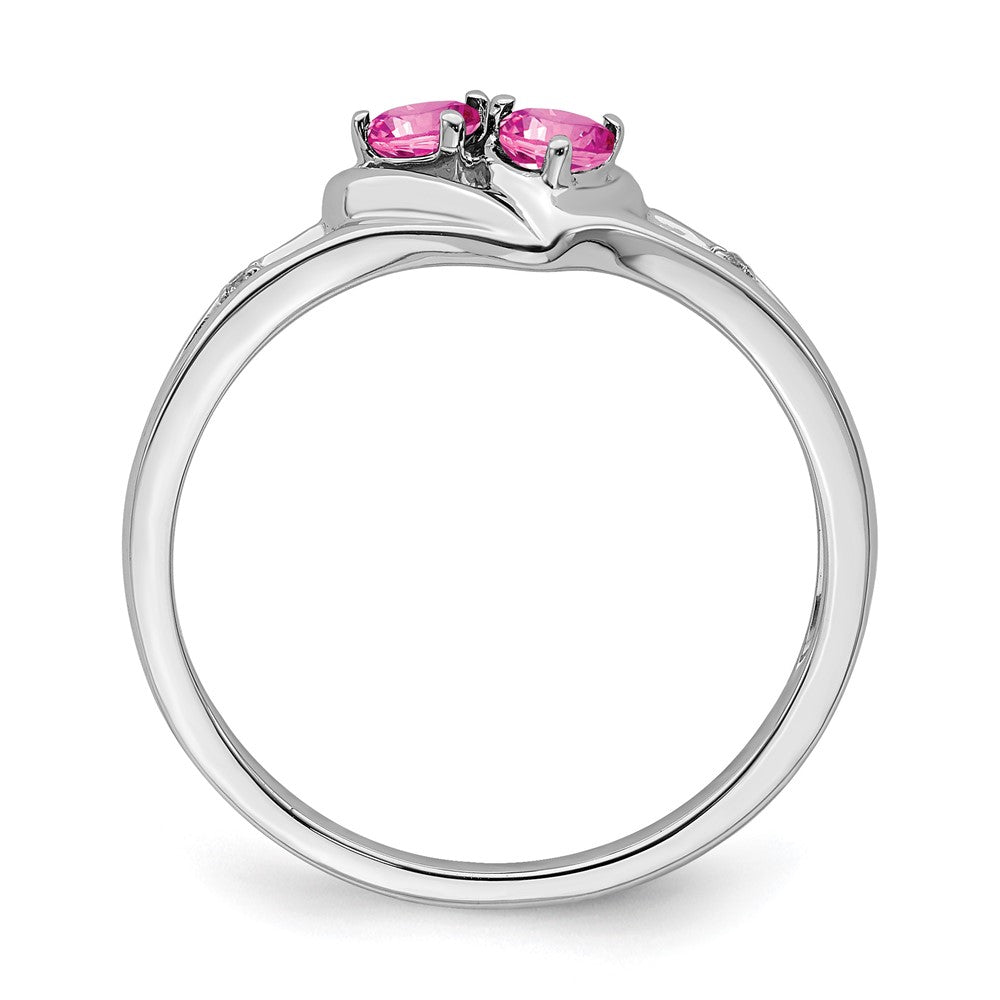 14k White Gold Created Pink Sapphire and Diamond 2-stone Heart Ring (1.71 grams)