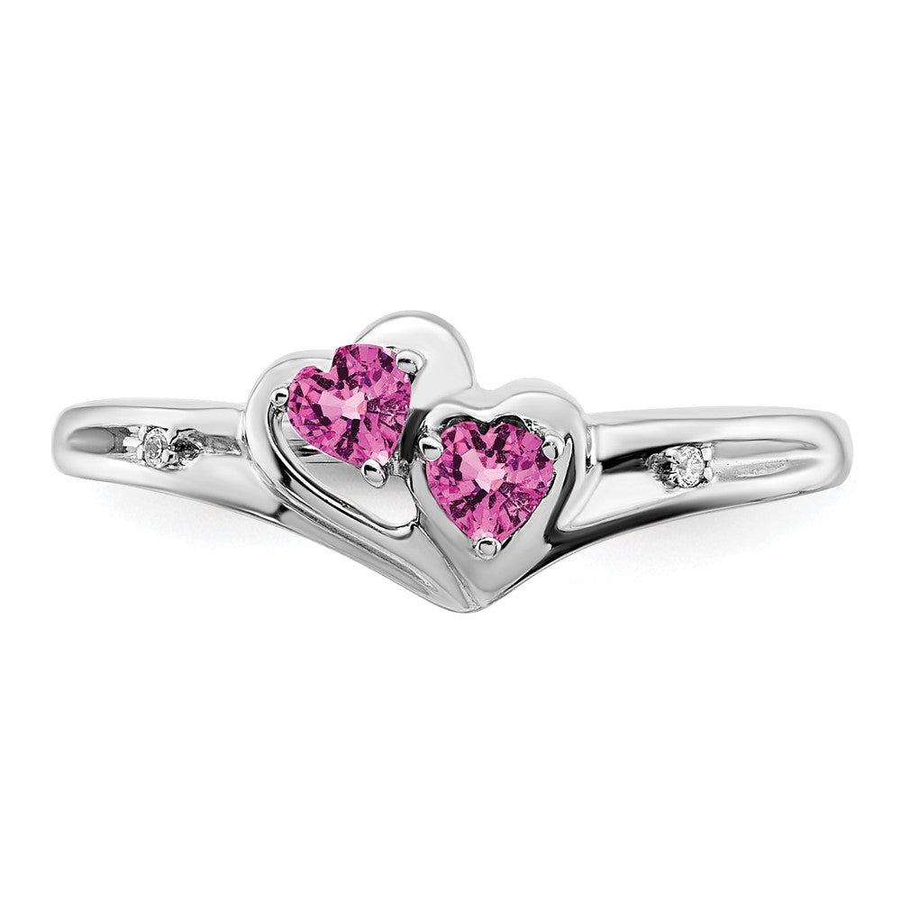 14k White Gold Created Pink Sapphire and Diamond 2-stone Heart Ring (1.71 grams)