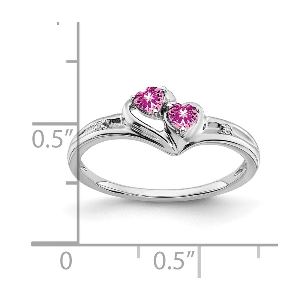 14k White Gold Created Pink Sapphire and Diamond 2-stone Heart Ring (1.71 grams)