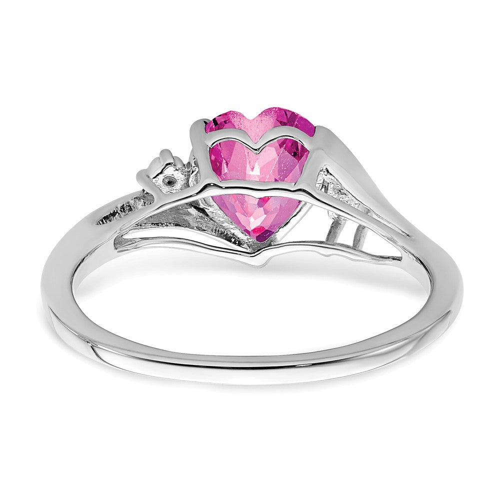 14k White Gold Created Pink Sapphire and Diamond Heart Ring (2.14 grams)