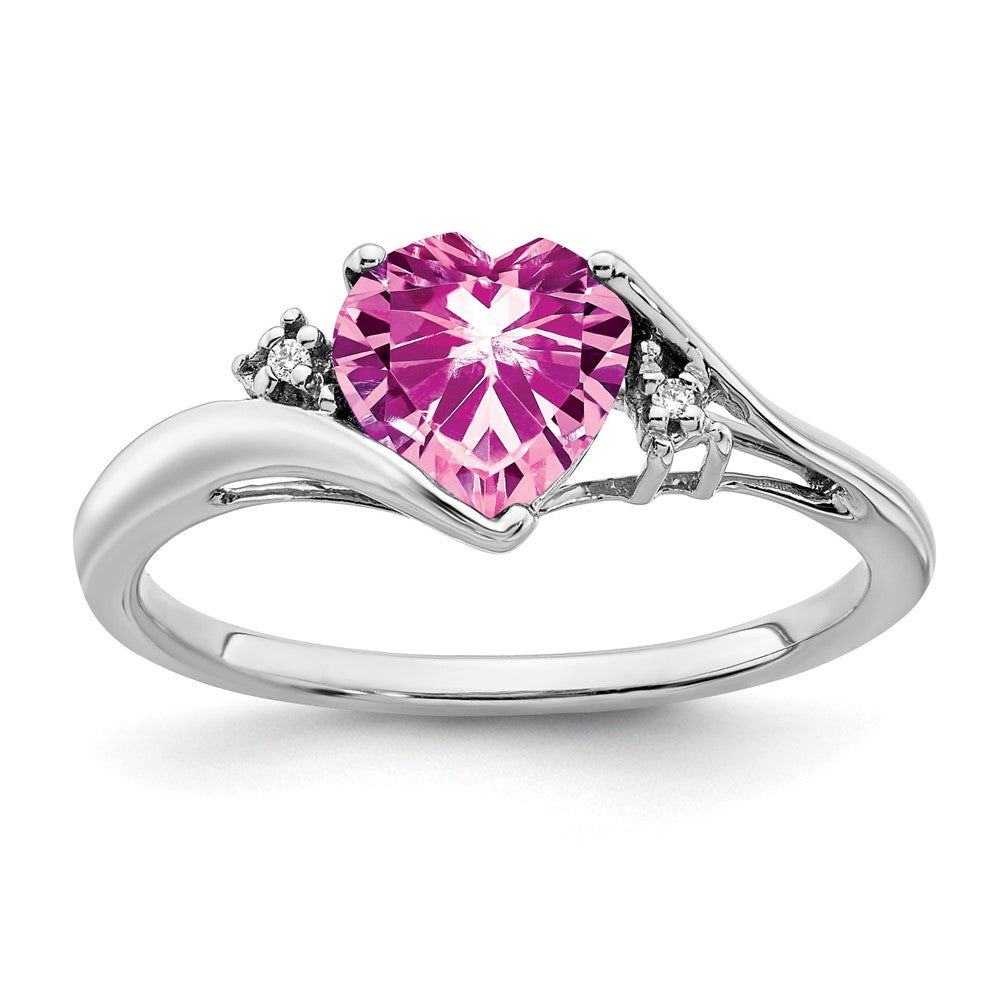 14k White Gold Created Pink Sapphire and Diamond Heart Ring (2.14 grams)