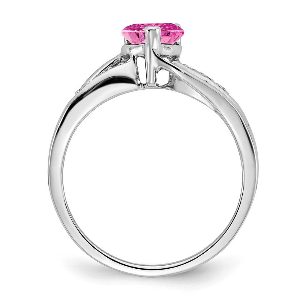 14k White Gold Created Pink Sapphire and Diamond Heart Ring (2.38 grams)