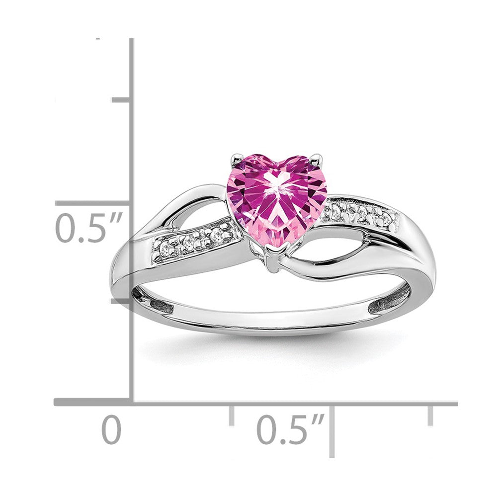 14k White Gold Created Pink Sapphire and Diamond Heart Ring (2.38 grams)