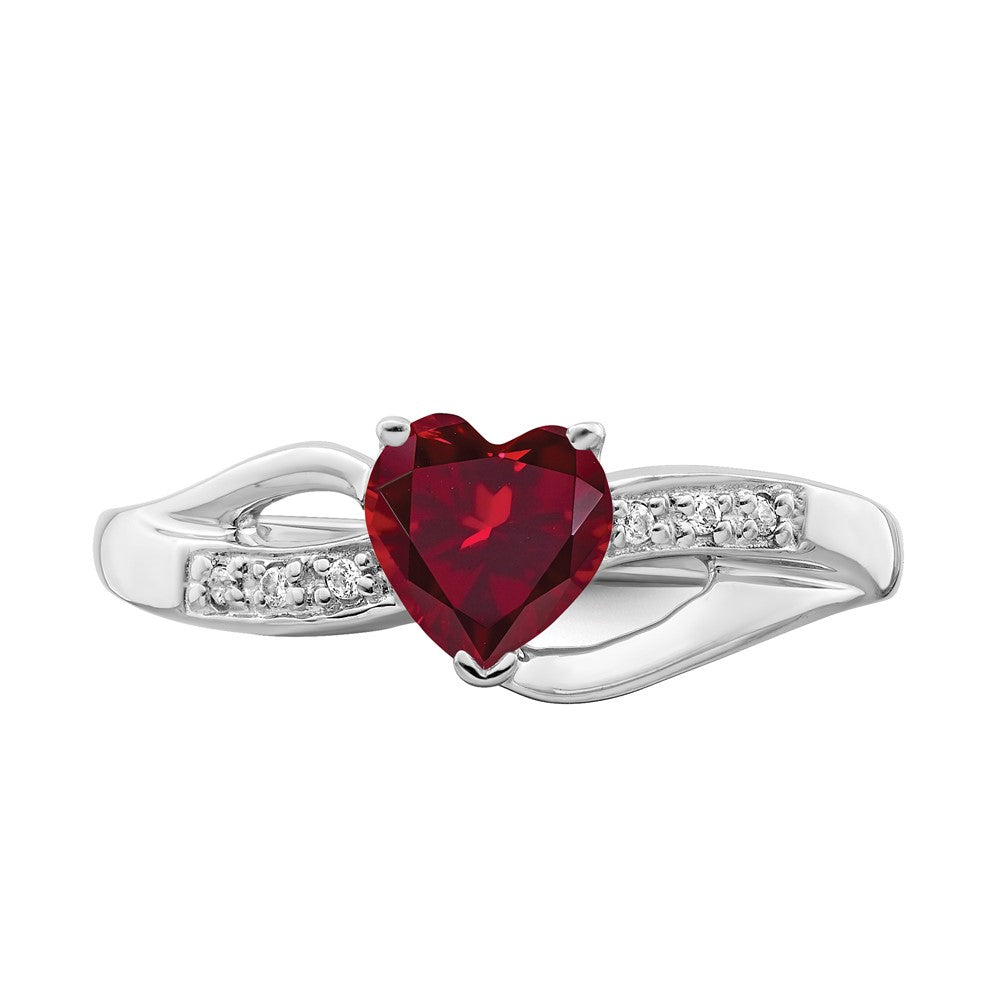 14k White Gold Created Ruby and Diamond Heart Ring (2.38 grams)