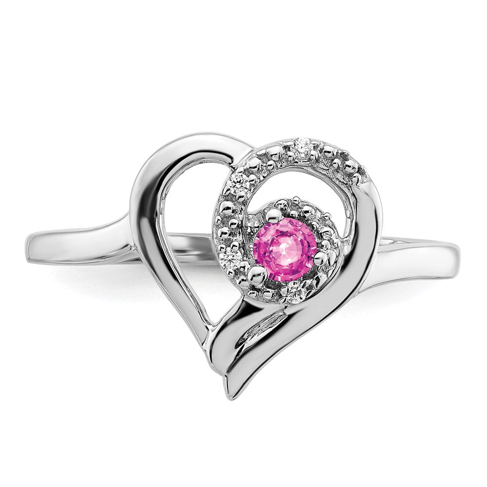 14k White Gold Created Pink Sapphire and Diamond Heart Ring (2.23 grams)