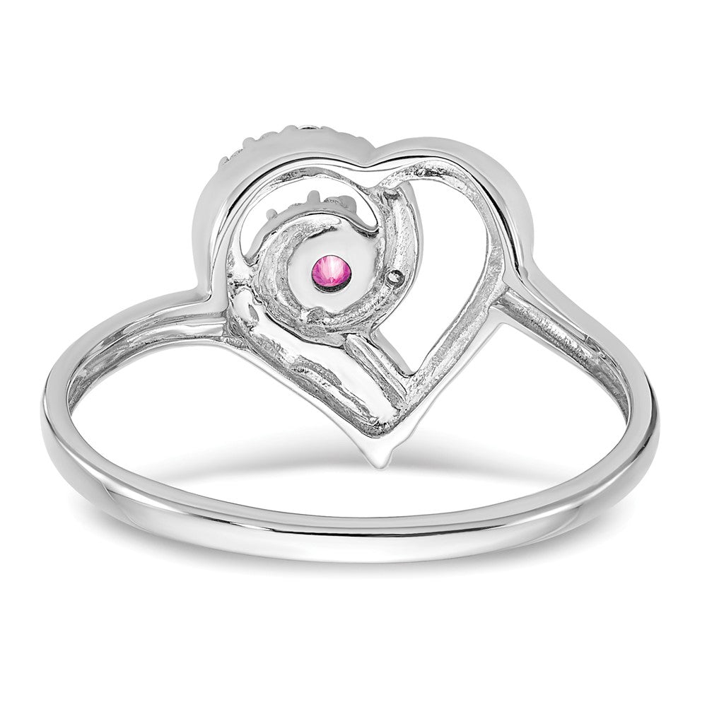 14k White Gold Created Pink Sapphire and Diamond Heart Ring (2.23 grams)