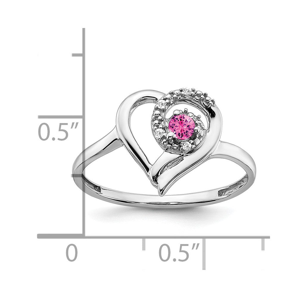 14k White Gold Created Pink Sapphire and Diamond Heart Ring (2.23 grams)