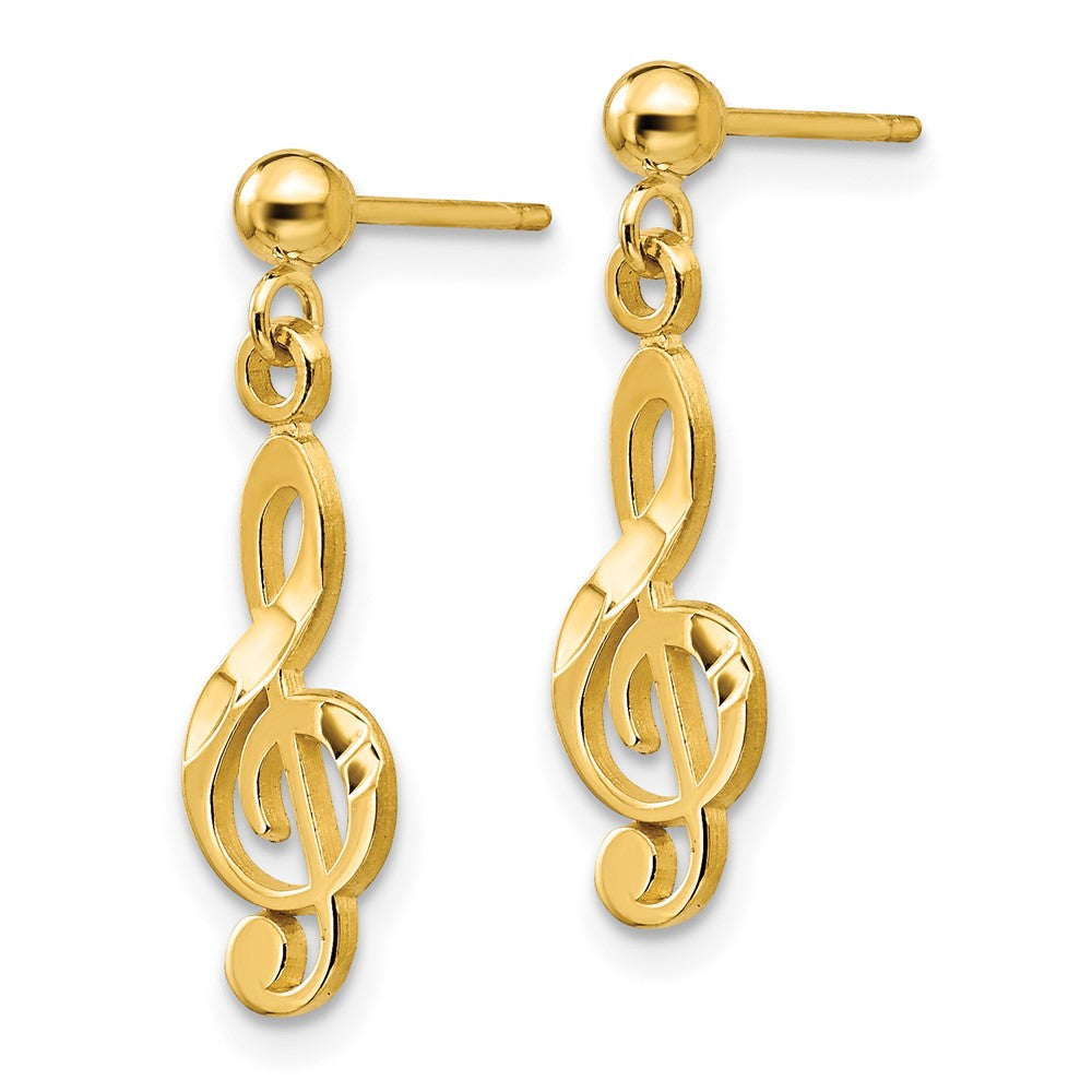 14k Yellow Gold 6 mm Polished & Diamond-Cut Treble Clef Dangle Post Earrings (0.91 grams)